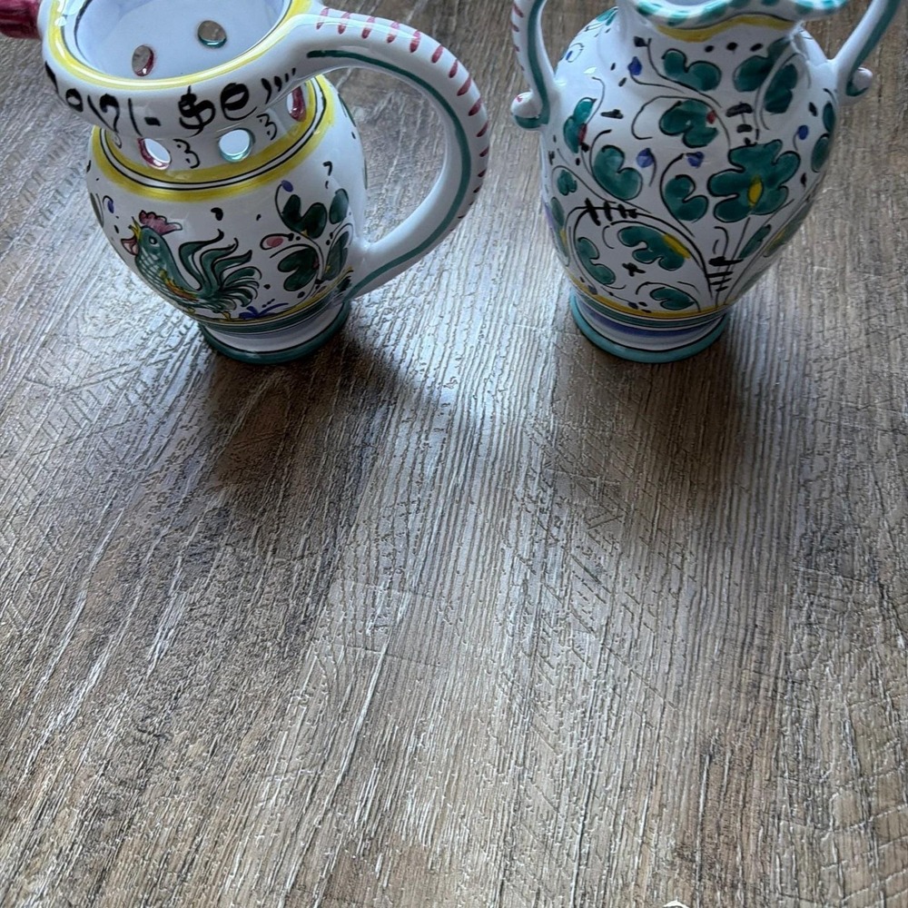 Vintage Italian Deruta Style Ceramic Pitcher Set - Rooster & Floral Hand-Painted